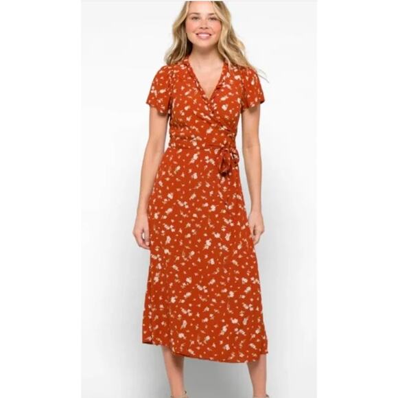Madewell Floral Wrap Dress – Short Sleeve with Tie Waist Rust - Picture 1 of 10